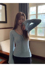 Sky V-neck Lace Bow Long Sleeve T-shirt