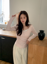 Minu Lace Layered Loose Button T-shirt (4color)