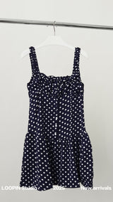 Navy Dotted Square Neck Flared Dress