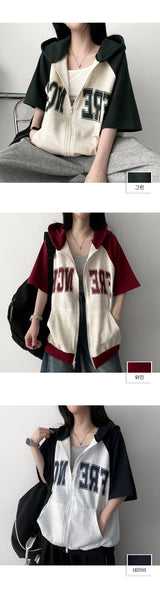 Before Color Raglan Short-Sleeved Hooded Zip-Up