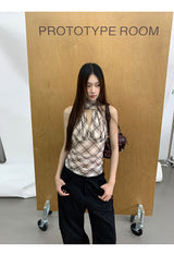chiffon checkered halter neck sleeveless blouse top