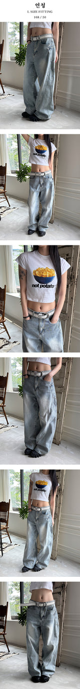 [Unisex] Side curve line wide denim pants(4color)