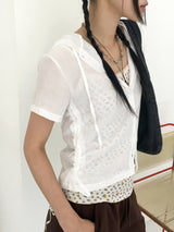 Weving see-through side shirring pleated hooded short-sleeved cardigan