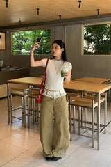 Lace Beige Round Wide Cotton Pants