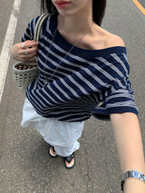 [MADE] ストライプアンバランスオフショルダーTシャツ