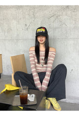 バーガンディーストライプオフショルダー長袖Tシャツ