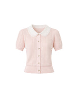 デイジースカラップカラーコントラストショートスリーブニットカーディガン Pink