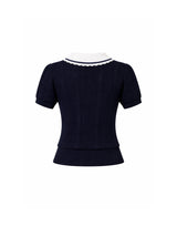 デイジースカラップカラーコントラストショートスリーブニットカーディガン Navy