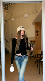 バックシースルーレース長袖Tシャツ