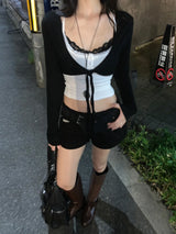 エデン エックス ストラップ レース スリーブレス トップ アンド ブイネック タイ クロップ カーディガン セット