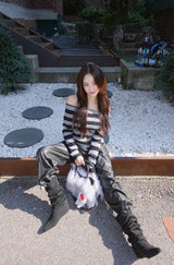 Star Stripe Off-Shoulder Long Sleeve Knitwear