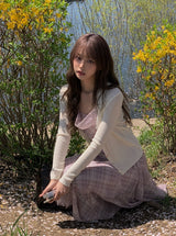 [Belt Set] チーク ドレープ チェック アンバランス スリーブレス ロング ワンピース