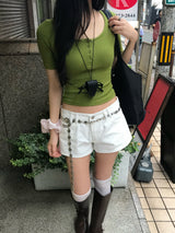 Olive Diary Button U-Neck Slim Fit T-Shirt