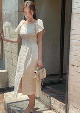 26SS★ Ruckbell Square Neck Embroidered Tulip Pintuck Long One Piece