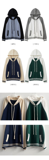 Neck Color Matching Raglan Line Knit Hood Zip-Up
