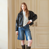 Leather Crop Jumper Black