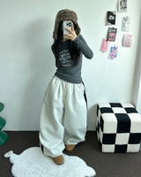 SHEEP FLEECE 🐑🧸 SNAP TRACK 3 LINE PARACHUTE LONG WIDE PANTS 🩶🖤 2COLOR