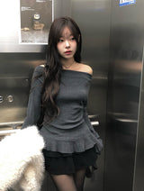 Mulder Off-Shoulder Unbalanced Shirring Frill Knit