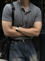 Front cut line henry-neck short sleeve t-shirt