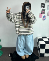 ストライプフリースワンサイドストリングアノラックニットスウェット 💙🩶🧡3COLOR