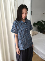 26SS★ [BAONHAUS]クルーネンリネンチェック半袖シャツブラウスlouse