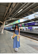 blue floral sleeveless chiffon long dress