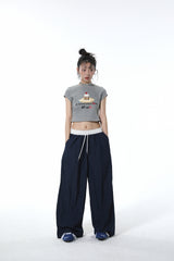 Summon Oak American-style spliced contrast-color casual pants for women, loose straight-cut wide-leg sports trousers with a good draping effect