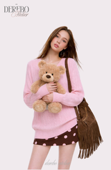 Baby Pink Twisted V-neck Loose Fit Knitwear