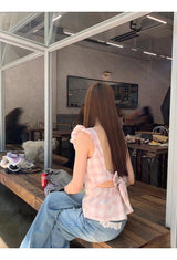 ミルキーピンクチェックリボンフリルビスチェ