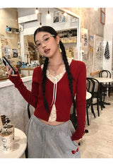 レースシャーリングツーピース長袖ブラウスTシャツ