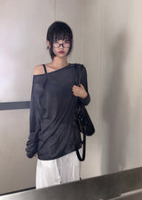 Silishy Sheer Boat Neck Loose Knit Top 4color