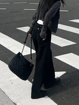 Y2K Back Point X Strap Bijo Wide Loose Fit Denim Long Pants (Black)