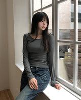 [U-BASIC]オビベーシックスリムUネック長袖Tシャツ