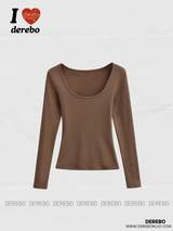 deep wide-neck slim long-sleeved knit shirt