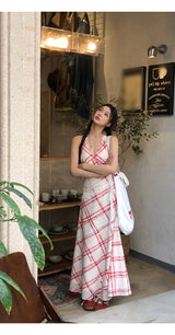 Red checkered V-neck sleeveless long dress