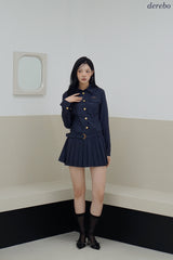 Navy Pleats Gold Shirt Wedding Guest Dress