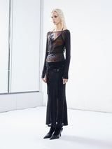 Emoha balloon portrait sub-print Tencel slightly transparent spicy slim top y2k design sense splicing 長袖メッシュT