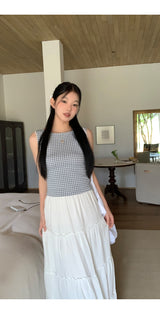 ブルーチェックバックレスリボンスリーブレスtシャツ