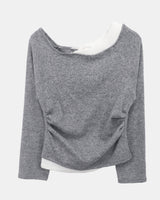 Royu Unbal Asymmetrical Color-Block Shirred One-Off-Shoulder Long-Sleeve T-Shirt