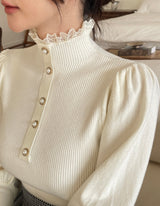 Levin Puff Pearl Button Frill Lace Turtleneck Knit