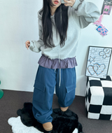 フリースピカブルー❤ベーシックワイドカーゴバルーンロングパンツ💚💙🖤🩶🤍5カラー