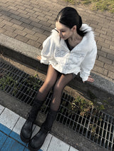 Angel Lettering Fur Trimmed Hood Zip-Up