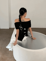 Black Macaron Bow Off Shoulder Tee