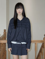 ストライプ ラッフル フーデッド シャツ(NAVY)