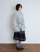 キャットガール & フラワー長袖Tシャツ - グレー