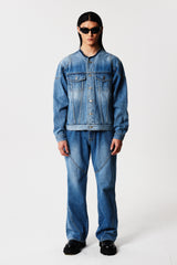 Collarless Biker Denim Jacket (Blue)