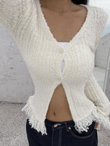 [BODY SHAPING] HIP FRINGE SOFT-FIT SLIM KNIT V-NECK CARDIGAN - 2 COLOR