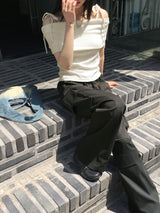Sirom リボンストラップリブドオフショルダー半袖Tシャツ