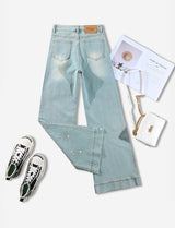 Light Wash Rhinestone Flare Jeans – Relaxed Wide Micro Flare Denim
