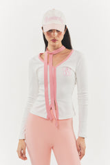 Logo Muffler V-neck Top Pink
